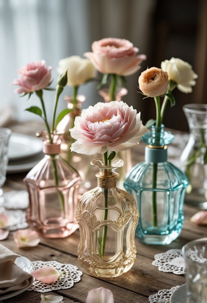 A collection of vintage perfume bottles each holding a single flower, arranged on a wooden table as wedding centerpieces.