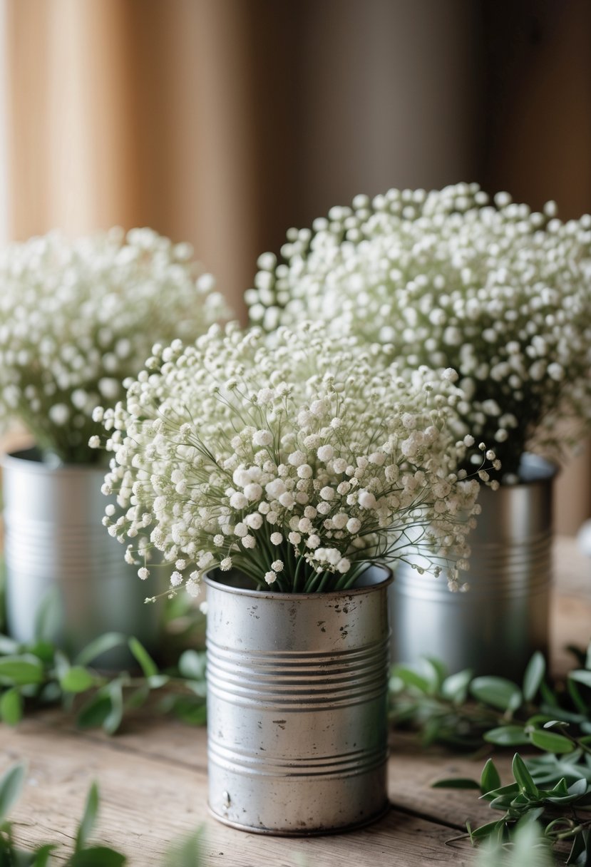 Delicate baby's breath flower bouquets arranged in tin cans on a wooden table as wedding centerpieces.