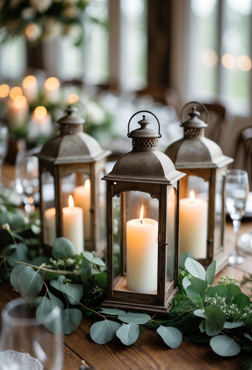 Old rustic lanterns holding lit pillar candles surrounded by green leaves arranged on a wooden table as a wedding centerpiece.