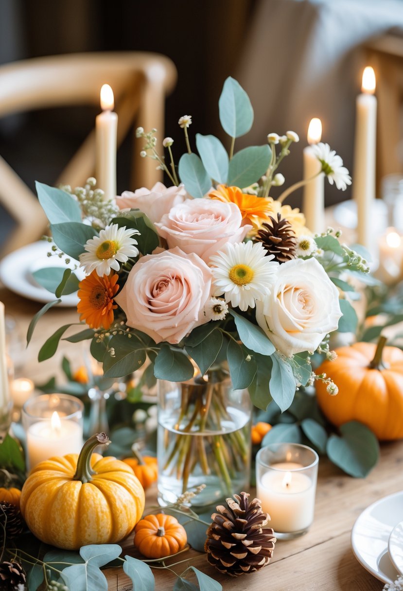 A seasonal wedding centerpiece with flowers, small pumpkins, pinecones, and candles on a wooden table.