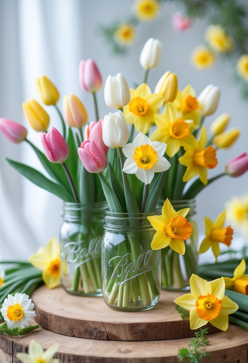 Bouquets of tulips and daffodils in rustic mason jars on a wooden surface with soft natural lighting.