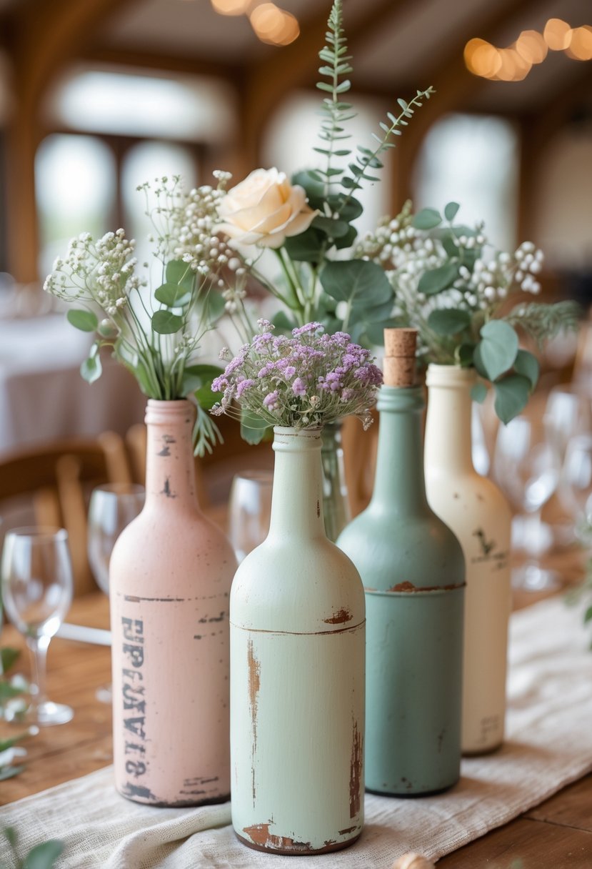 Vintage wine bottles painted and used as vases holding wildflowers arranged on a wooden table as a wedding centerpiece.