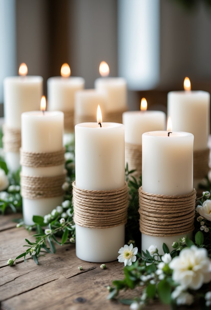 White candles wrapped in twine arranged on a wooden table with greenery and small white flowers.
