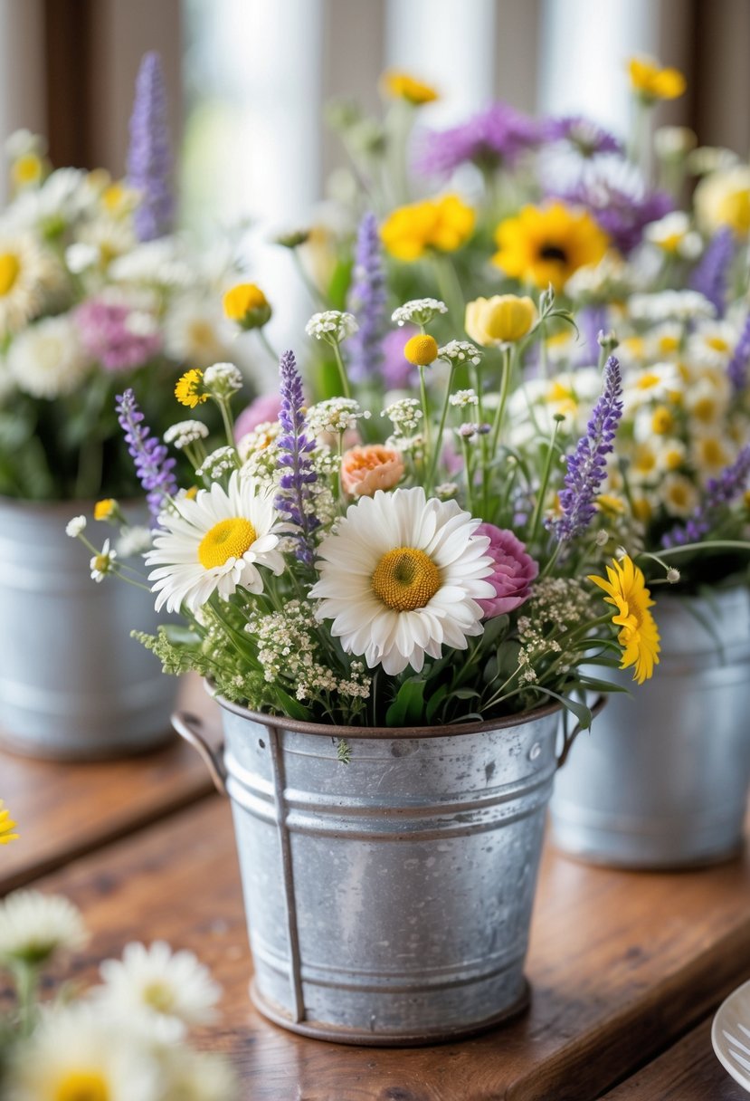 Small galvanized metal buckets filled with colorful wildflowers arranged on a wooden table.