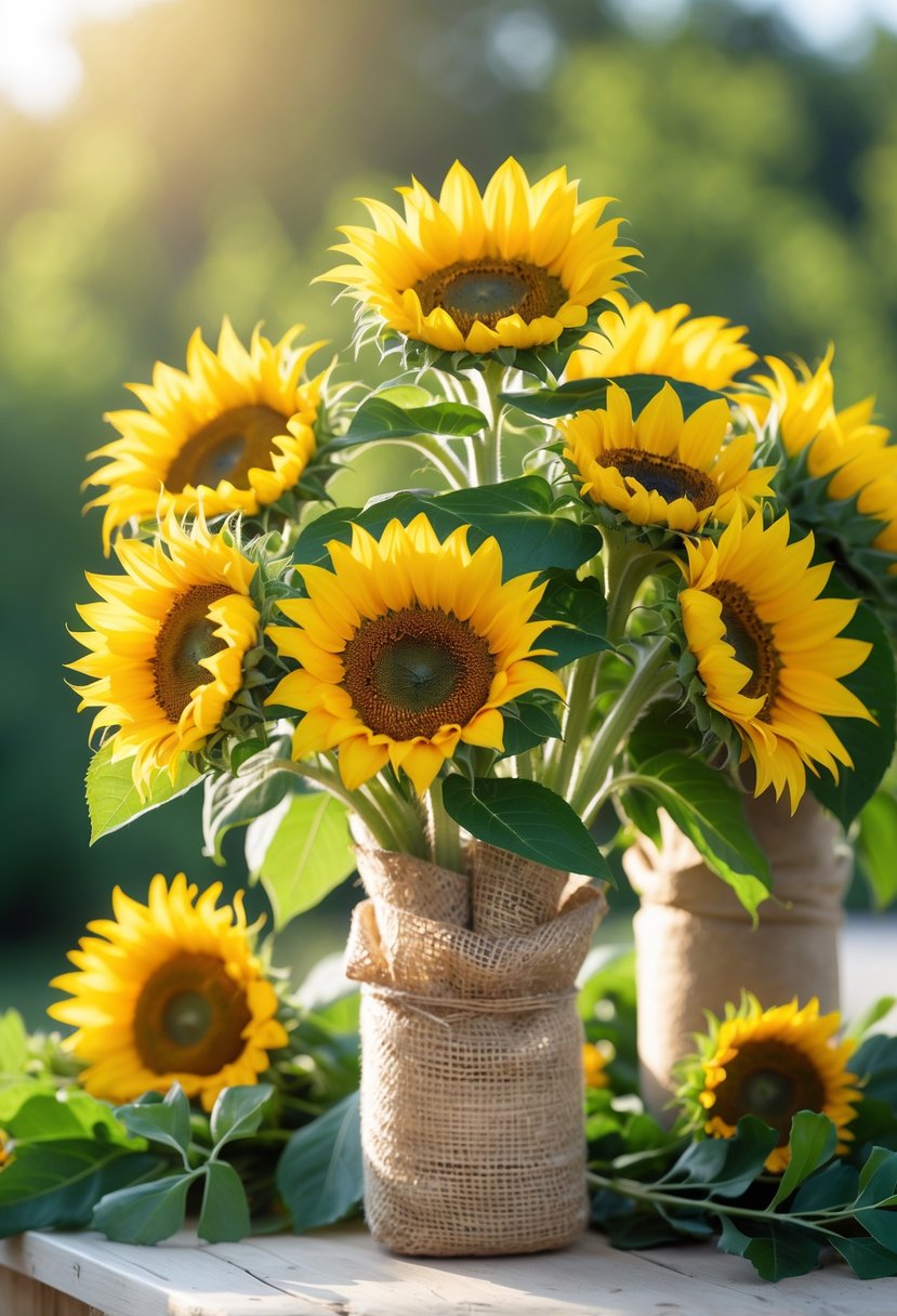 Bright yellow sunflowers and green leaves arranged in burlap-wrapped vases on a wooden surface with sunlight.