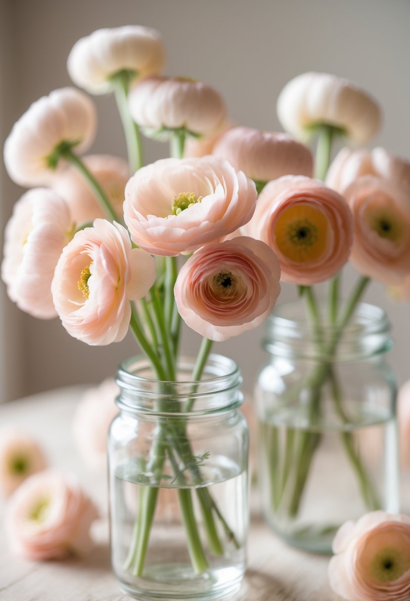 Blush-colored ranunculus flowers arranged in clear apothecary jars on a wooden surface.