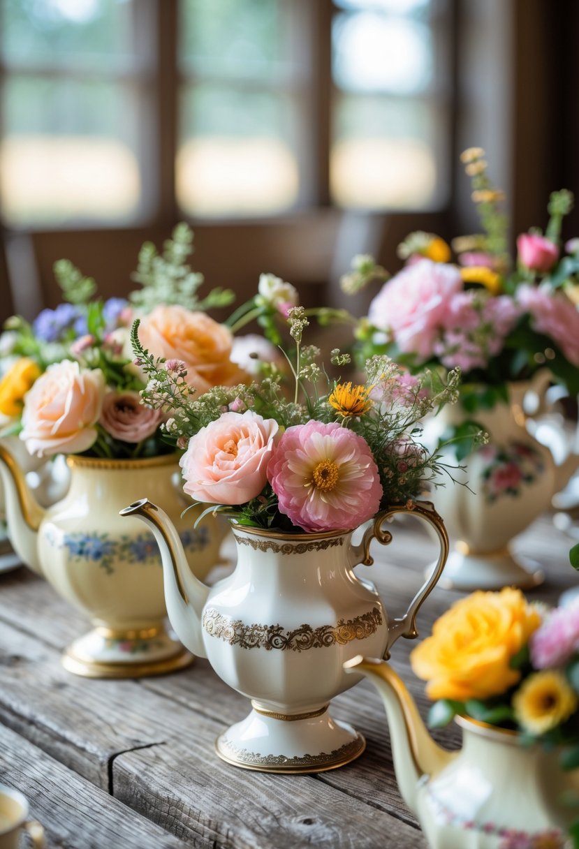 A group of antique teapots filled with colorful fresh flowers arranged on a wooden table.