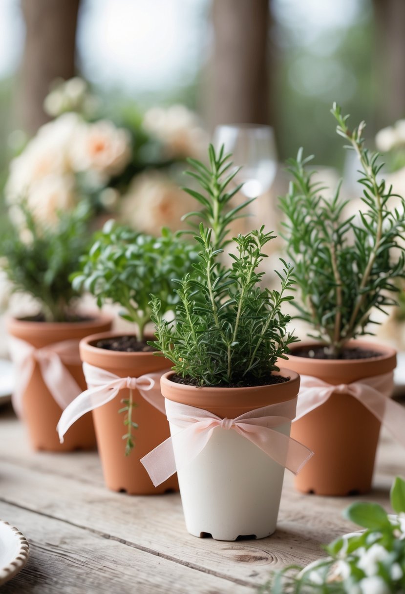 Small potted herb plants tied with ribbons arranged as wedding centerpieces on a wooden table.