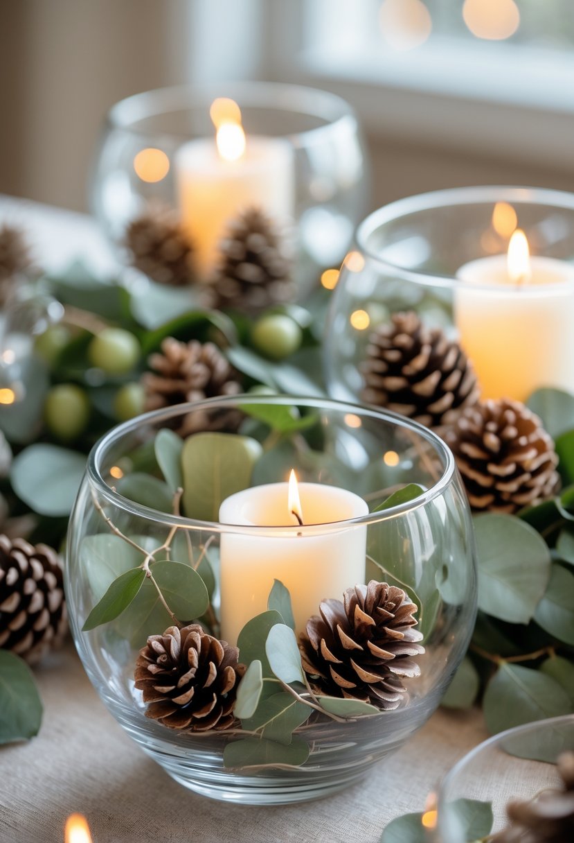 Glass bowls filled with pinecones, eucalyptus leaves, and lit white candles arranged as a winter wedding centerpiece.