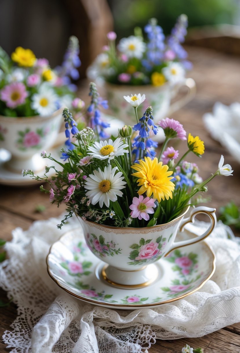 A spring wildflower arrangement in vintage teacups placed on lace fabric on a wooden table.
