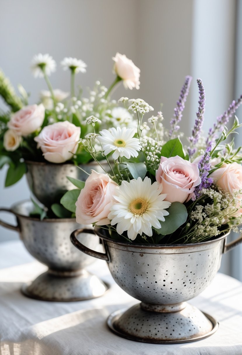 Floral arrangements featuring pink roses, white daisies, lavender, and greenery placed in vintage metal colanders on a light surface.