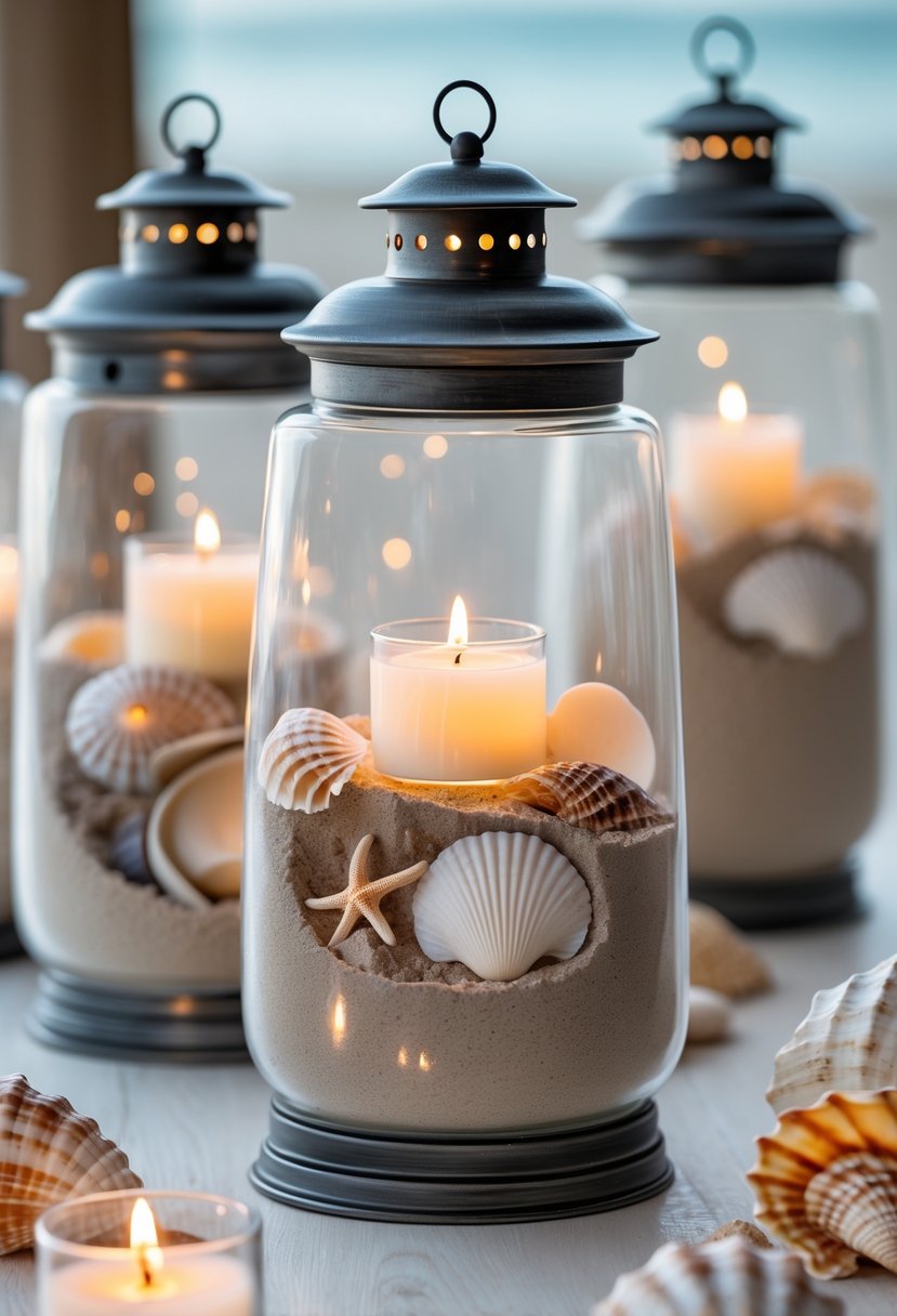Hurricane lanterns filled with sand and seashells holding lit tealight candles arranged as wedding centerpieces.