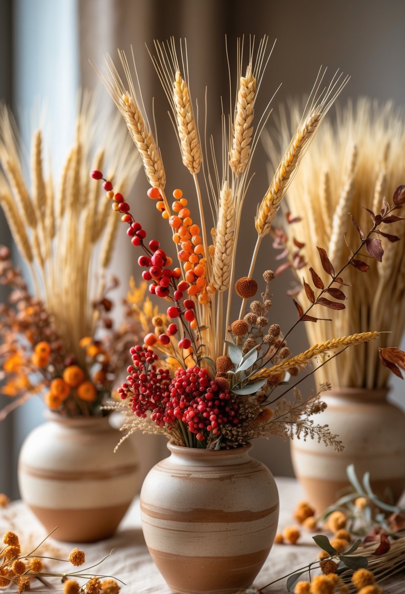 Autumn dried wheat and berry arrangements in ceramic pots on a table as seasonal centerpieces.