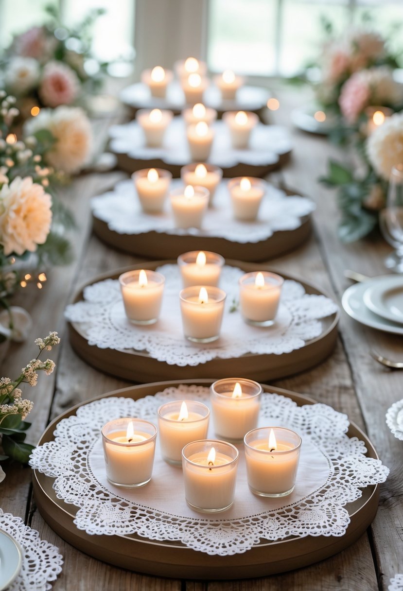 Doily-covered trays with lit votive candles arranged on a wooden table as wedding centerpieces.