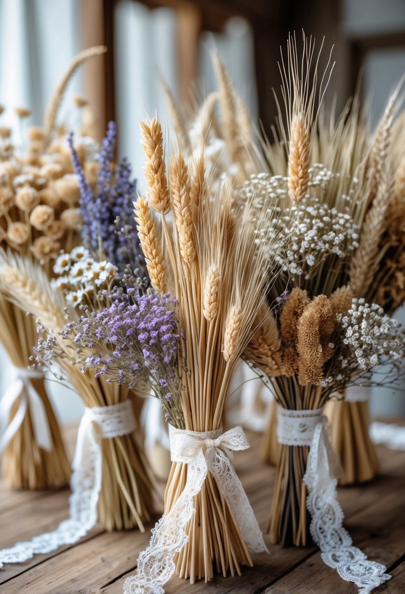 Several dried flower bundles tied with lace ribbons arranged on a wooden table as wedding centerpieces.