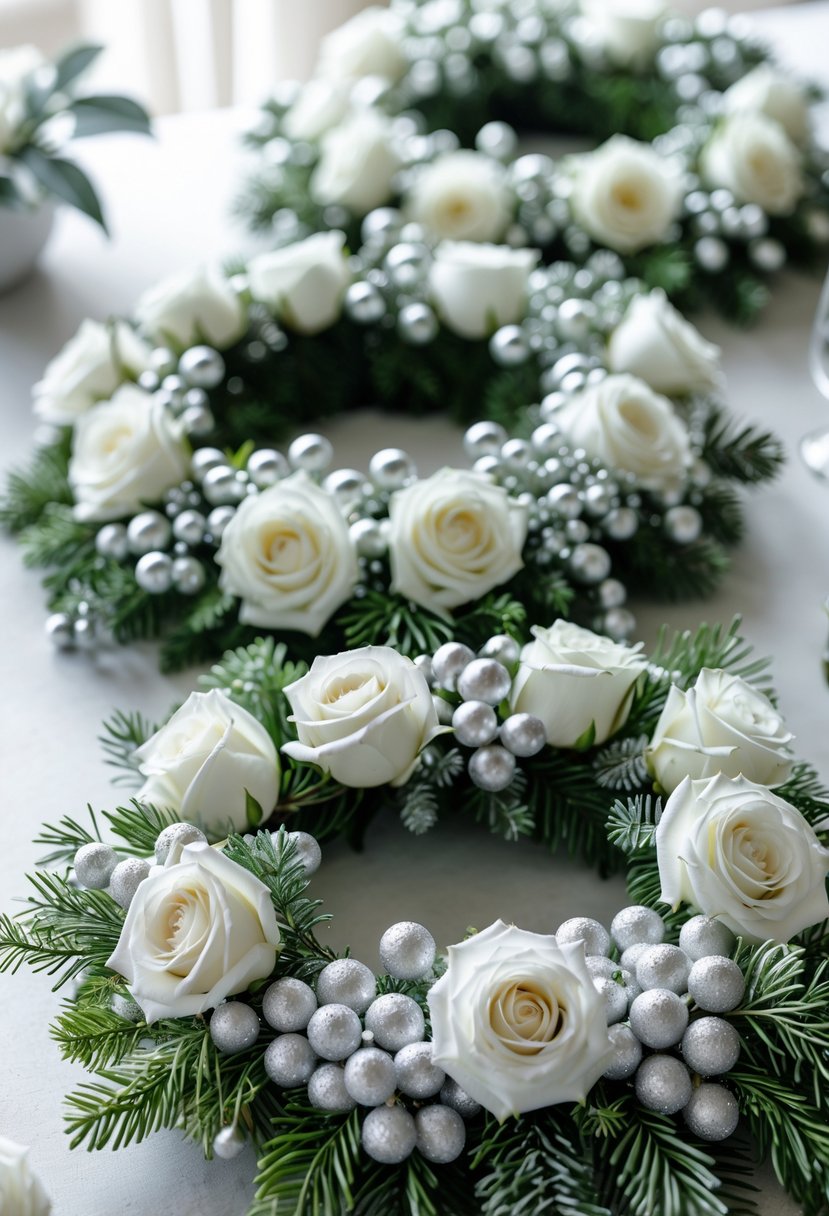 White rose and silver berry wreath centerpieces arranged on a neutral surface with soft lighting.