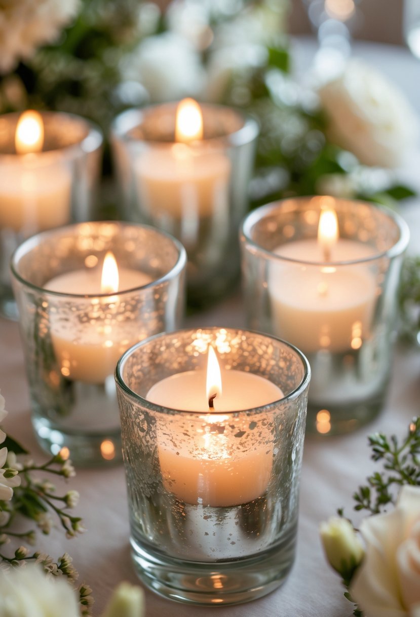 Clustered votive candles glowing softly in mercury glass holders arranged as a wedding centerpiece with flowers and greenery.