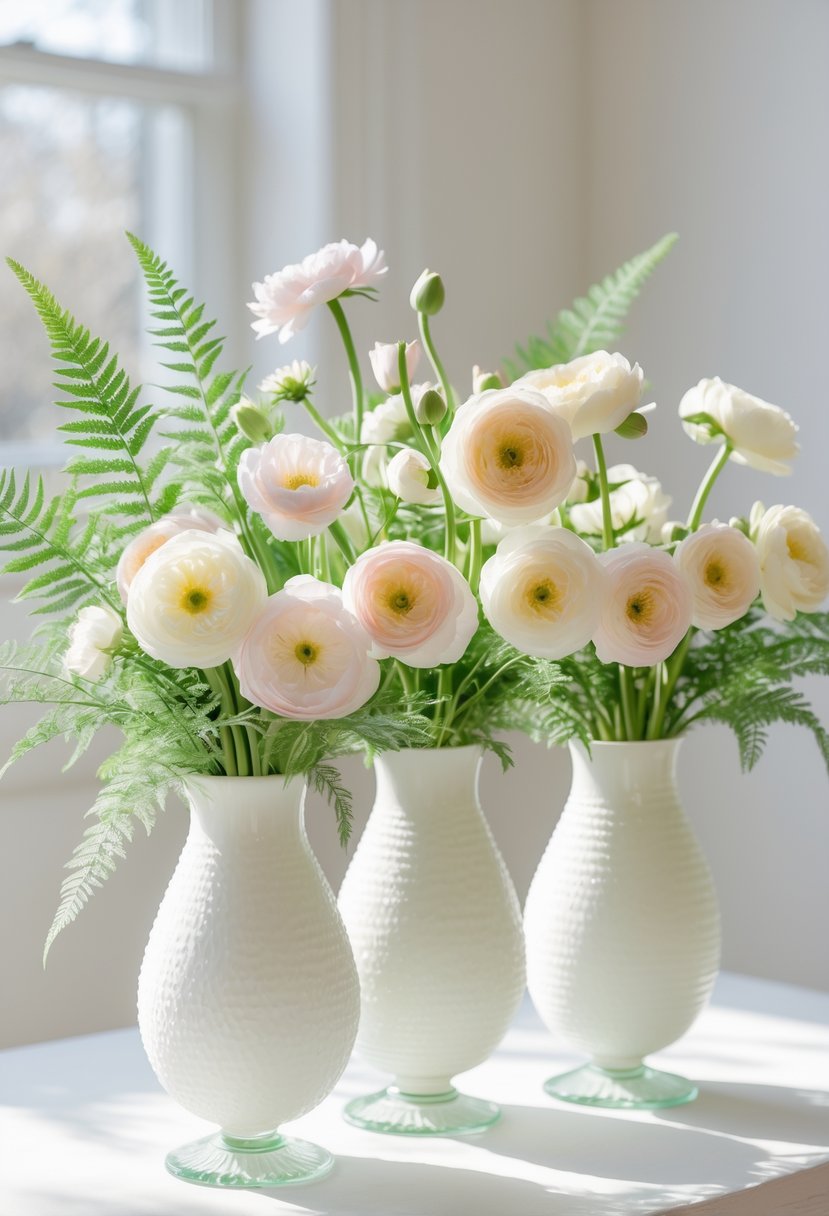 A spring floral arrangement with pastel ranunculus and green ferns in white milk glass vases on a light surface.
