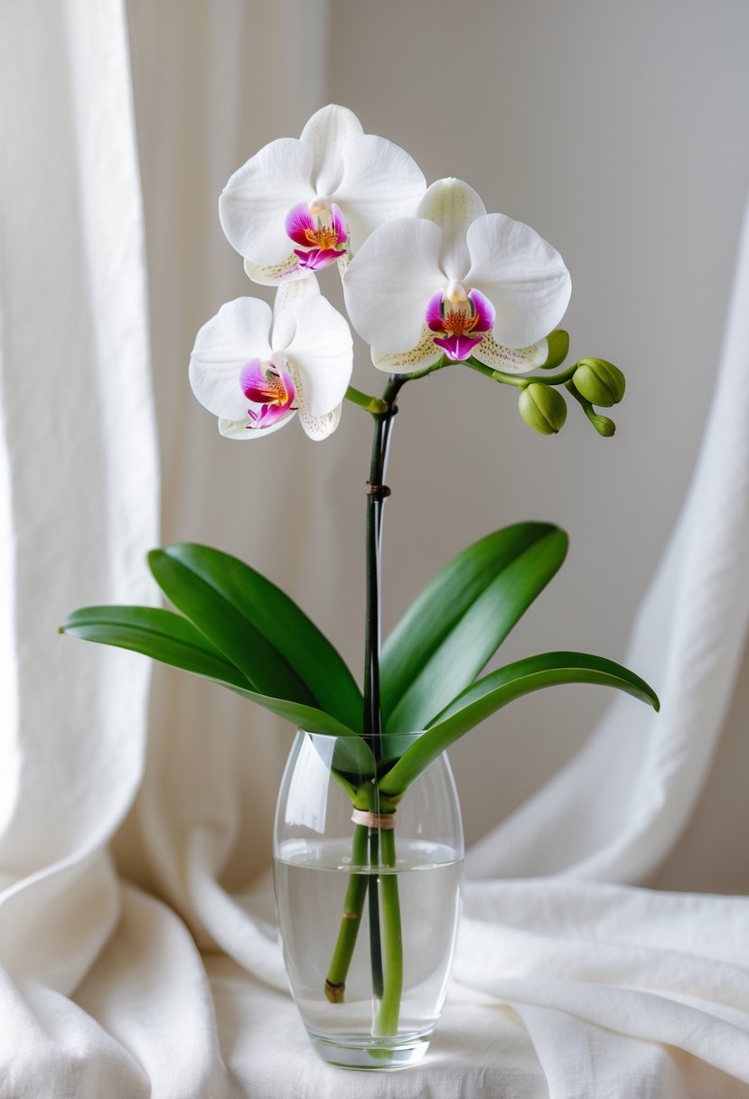 Single white orchid stem in a clear glass bud vase on a neutral background.