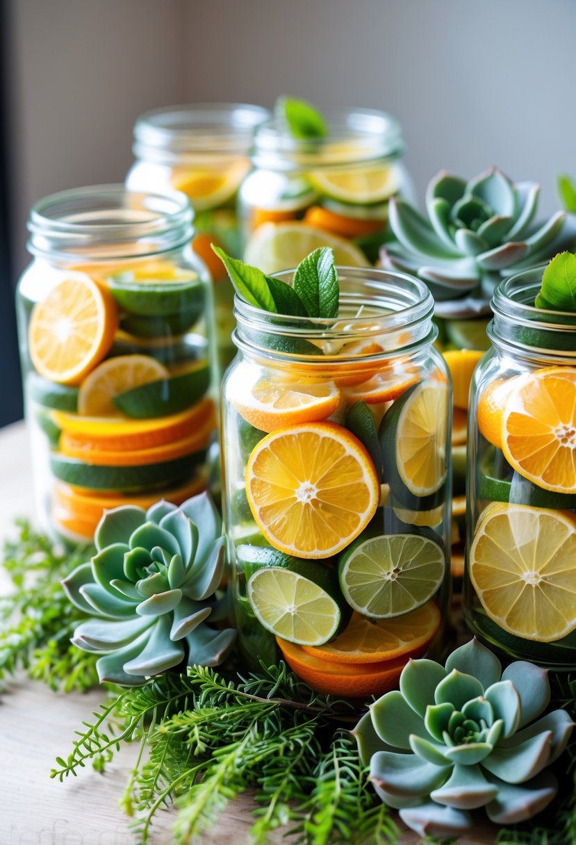 Clear glass jars filled with sliced citrus fruits and green succulents arranged as a summer wedding centerpiece on a wooden surface.
