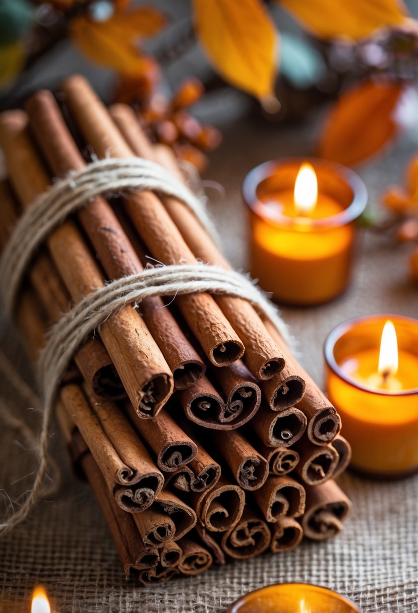 A centerpiece with cinnamon sticks tied with twine next to amber votive candles on a table.