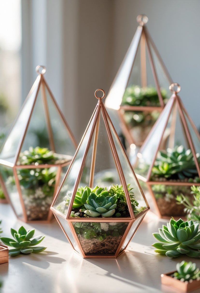 Rose gold geometric terrariums containing green succulents arranged on a table as wedding centerpieces.