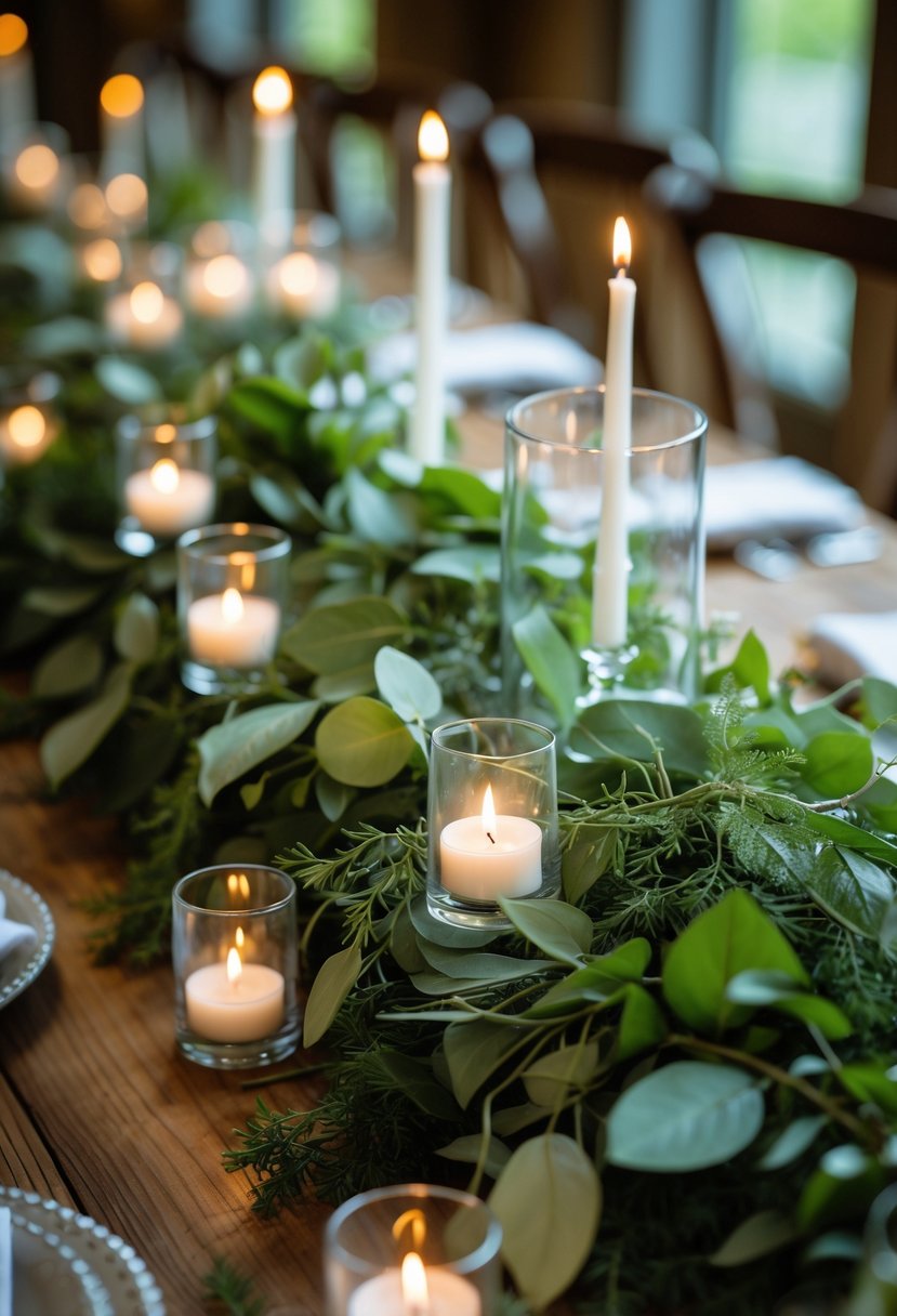 A wedding centerpiece with garlands of green leaves and small hanging candles glowing softly on a wooden table.