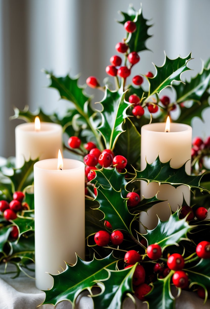 A winter wedding centerpiece with holly branches, red berries, and white candles arranged on a table.