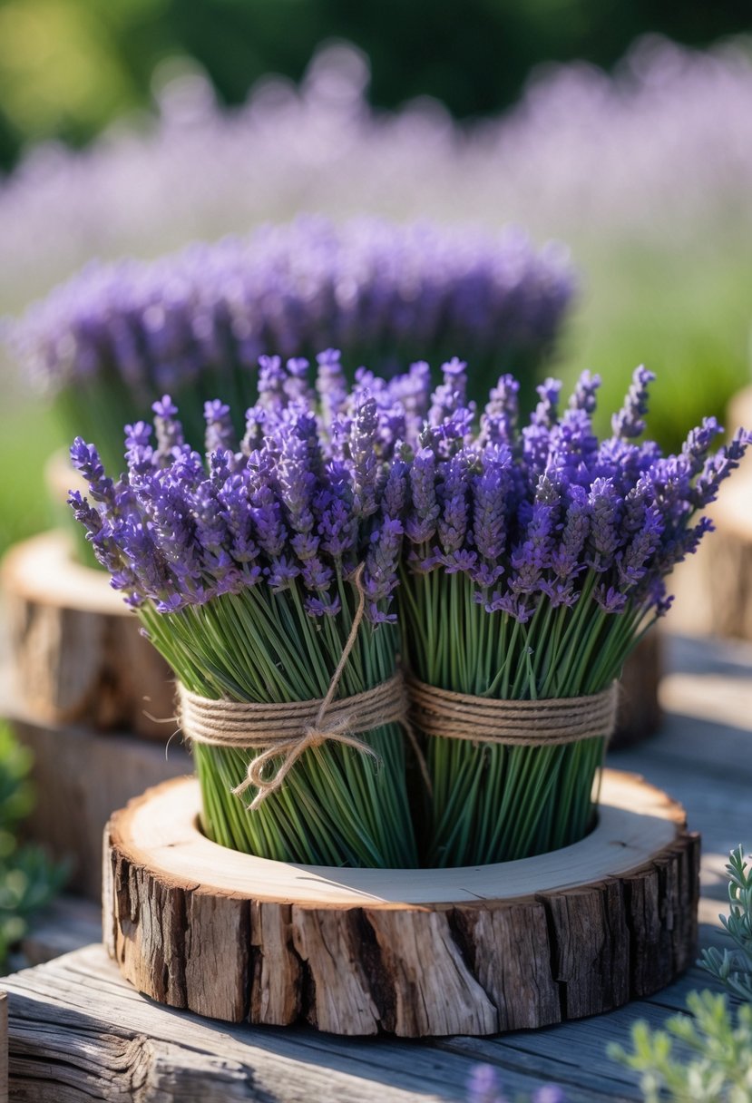Bundles of fresh lavender tied with twine resting on rustic wooden bases.