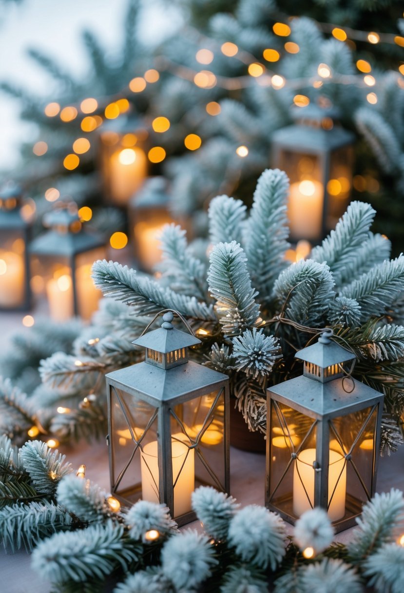 Winter frosted pine branches with glowing fairy lights inside lanterns arranged as a wedding centerpiece.