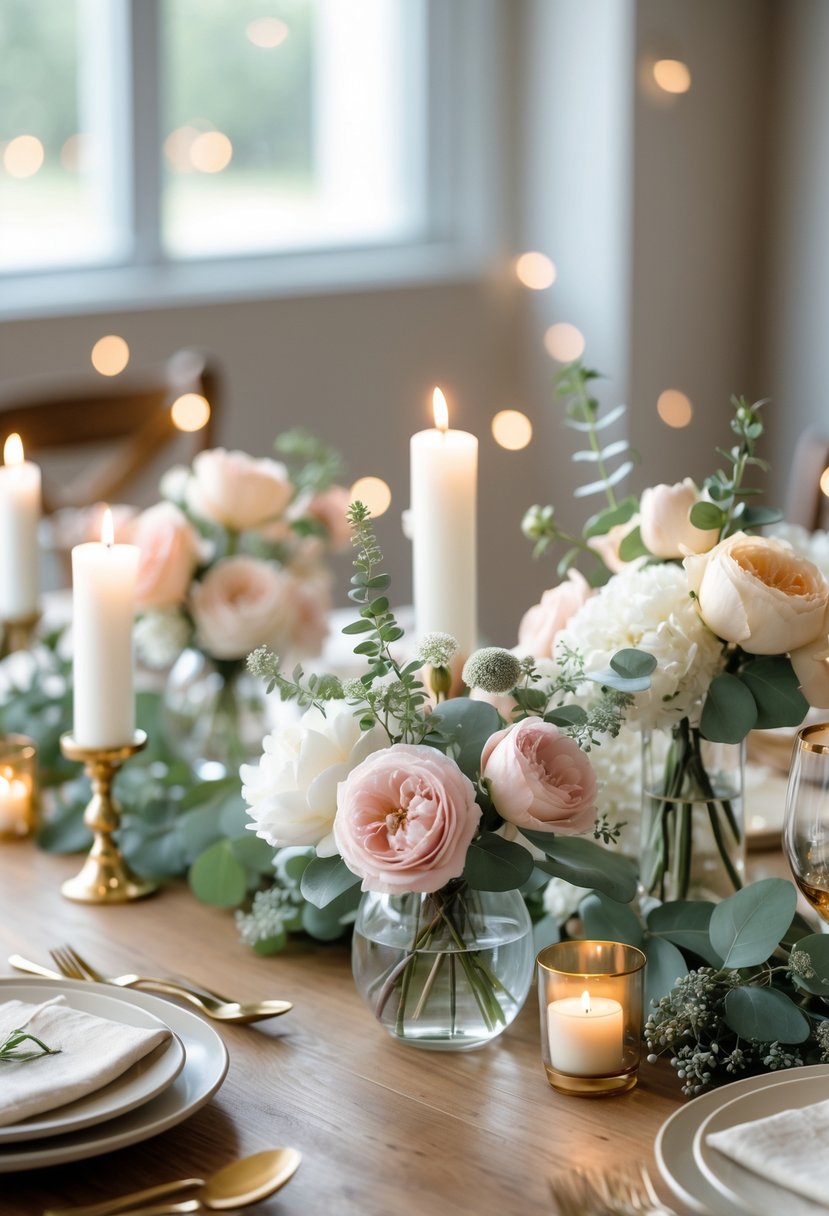 A table with several floral arrangements, candles, and greenery used as wedding centerpieces.