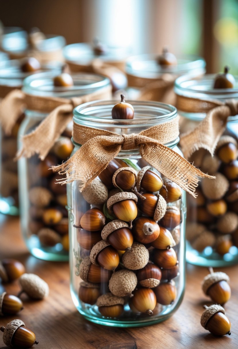 Glass jars filled with acorns and tied with burlap ribbons arranged on a wooden surface.