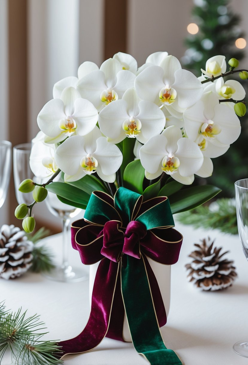 White orchids wrapped with velvet ribbons arranged as a winter wedding centerpiece on a table with subtle seasonal decorations.