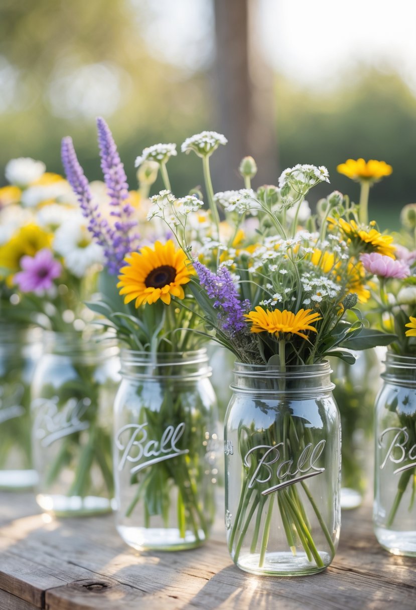 Mason jars filled with colorful wildflowers arranged as wedding centerpieces on a wooden table.