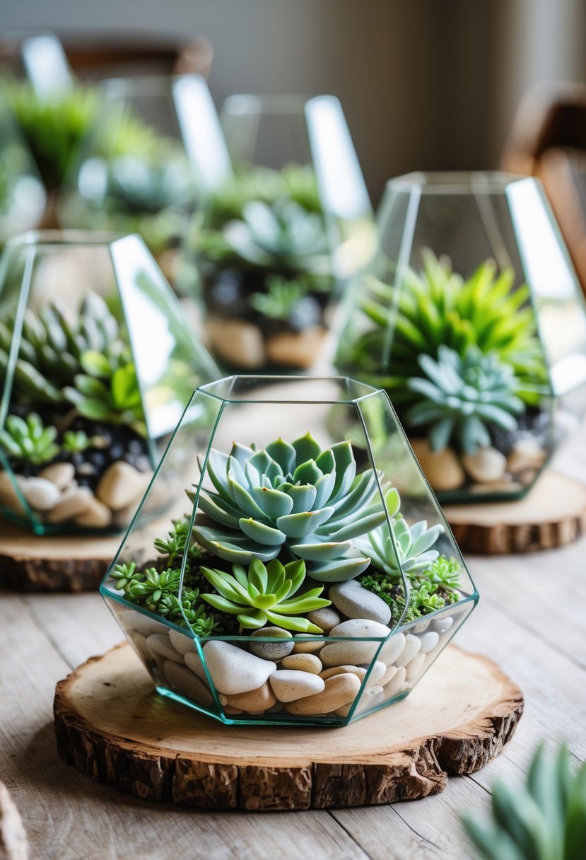 Succulent terrariums with river rocks arranged as wedding centerpieces on a wooden table.