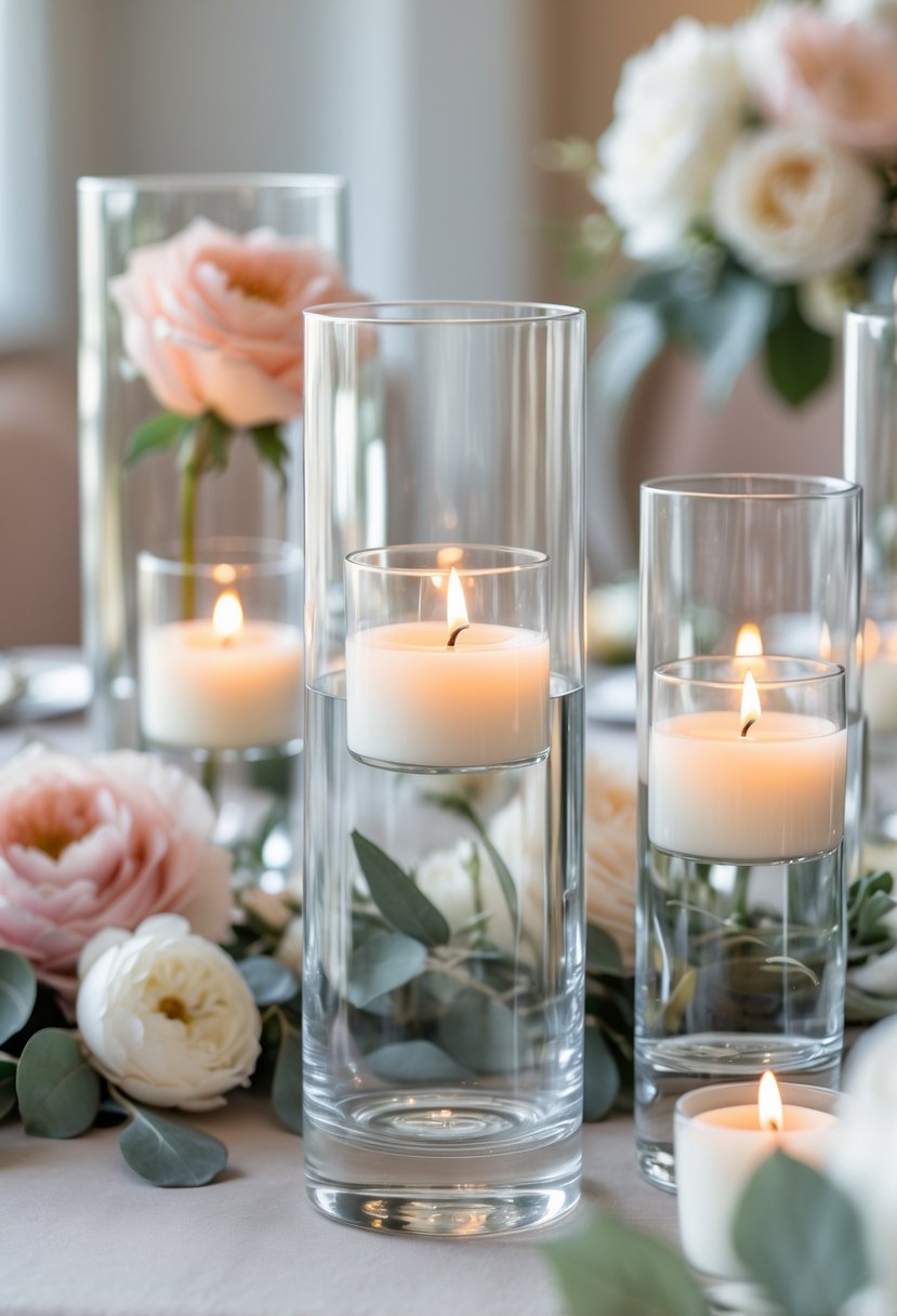 Clear glass hurricane vases with floating candles arranged as wedding centerpieces on a table with flowers and greenery.