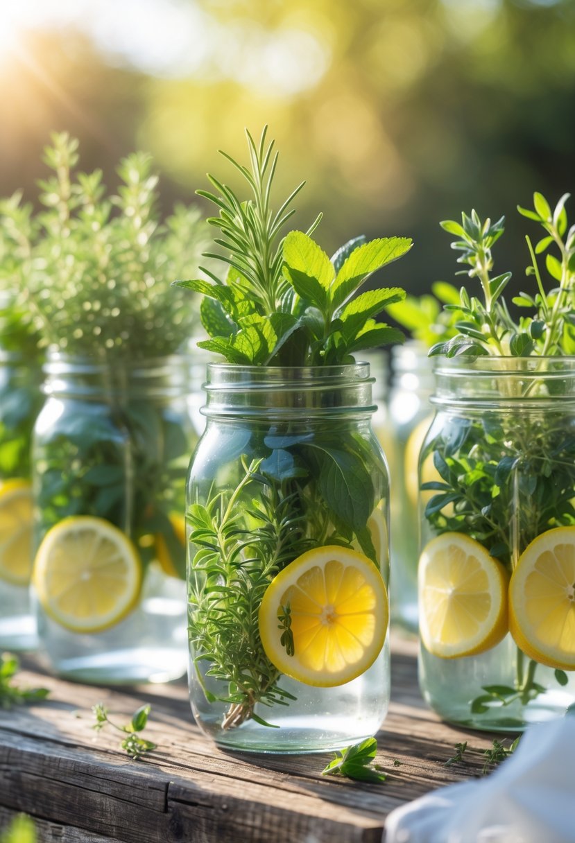 Mason jars filled with fresh summer herbs and lemon slices arranged on a wooden table in an outdoor setting.