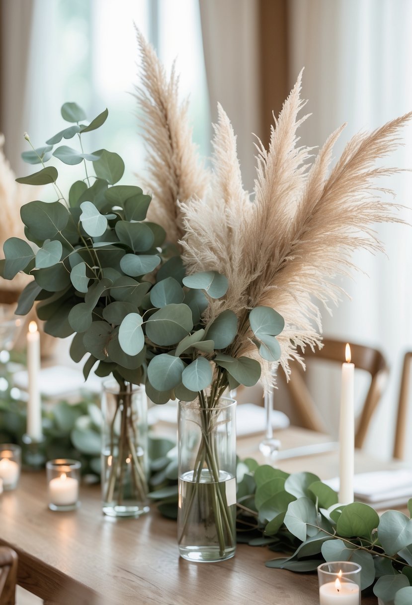 A wedding table with vases holding eucalyptus leaves and pampas grass as centerpieces.