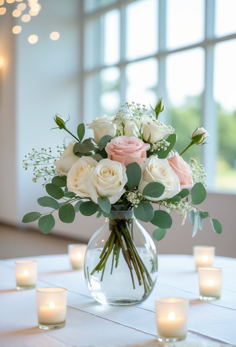 A wedding table with a clear glass vase holding white and pink flowers and greenery, surrounded by small candles.