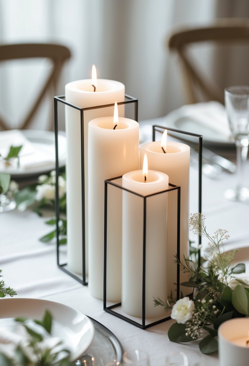 White candles in geometric holders arranged as a wedding centerpiece on a table with soft greenery and flowers.