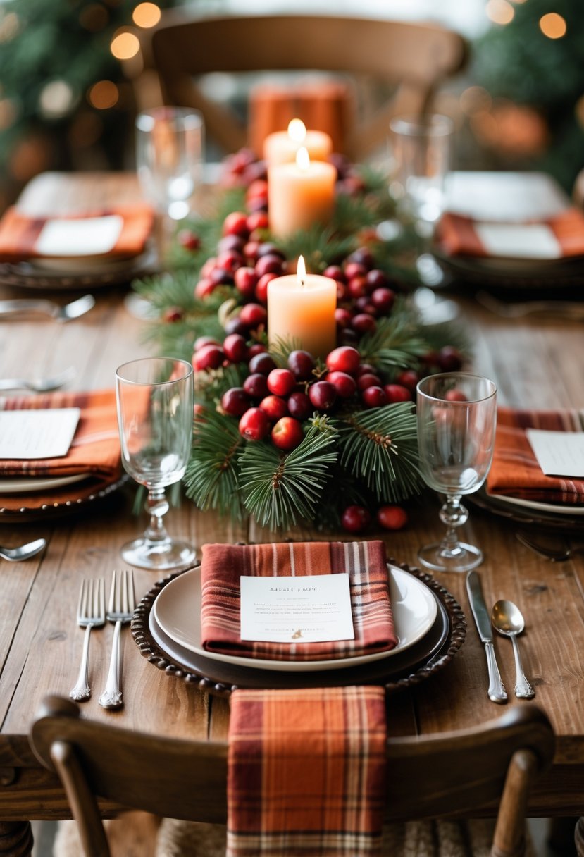 A table with folded plaid cloth napkins and a centerpiece made of cranberries and pine branches.