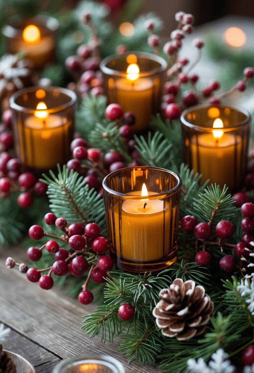 Amber glass votive candles surrounded by red berry garlands and greenery on a wooden table, creating a winter wedding centerpiece.