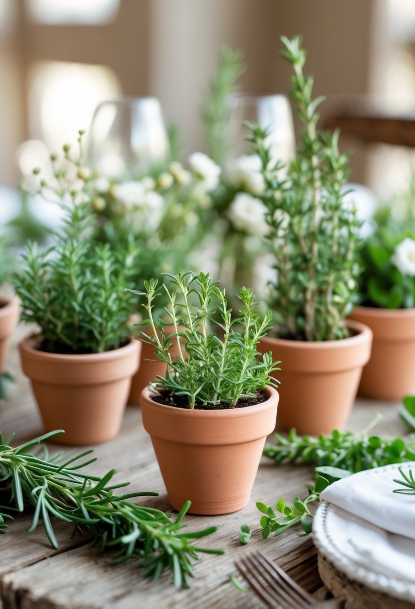 Mini potted rosemary and thyme herbs arranged on a wooden table as wedding centerpieces.