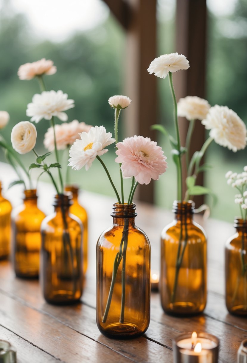 Amber glass bottles with single flowers arranged on a wooden table as a wedding centerpiece.