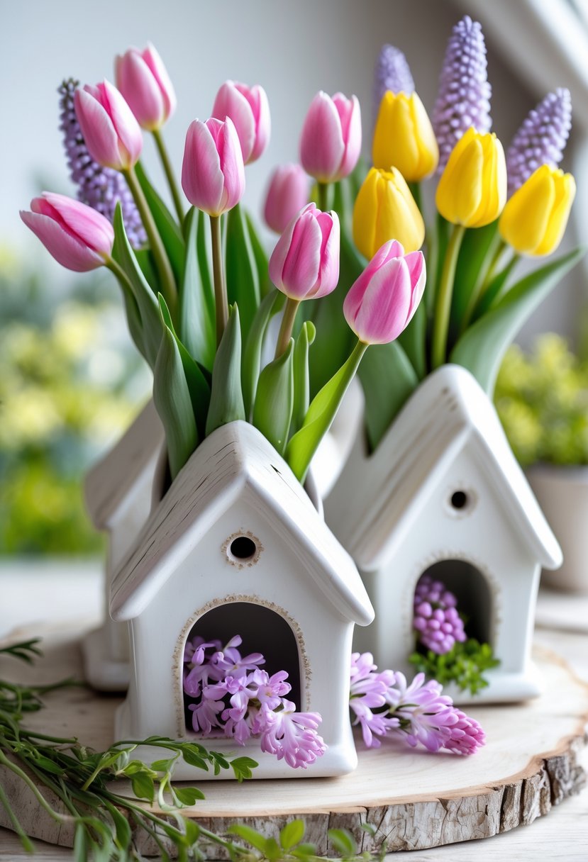 A spring floral arrangement of pink and yellow tulips and purple hyacinths inside white ceramic birdhouses on a wooden surface.