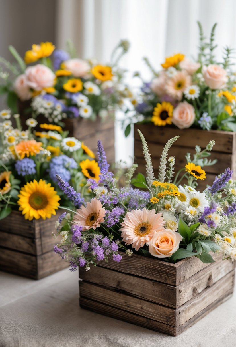 Wooden boxes filled with a variety of colorful seasonal flowers arranged on a table.