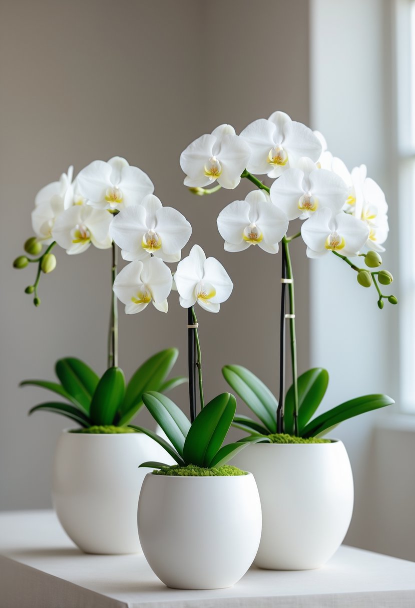 White orchids in simple modern pots displayed on a light surface with a blurred background.