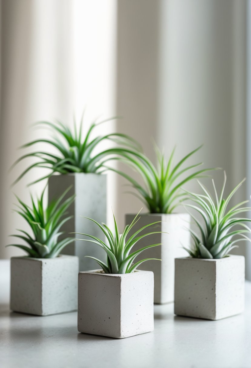 Concrete planters with green air plants arranged on a table as wedding centerpieces.