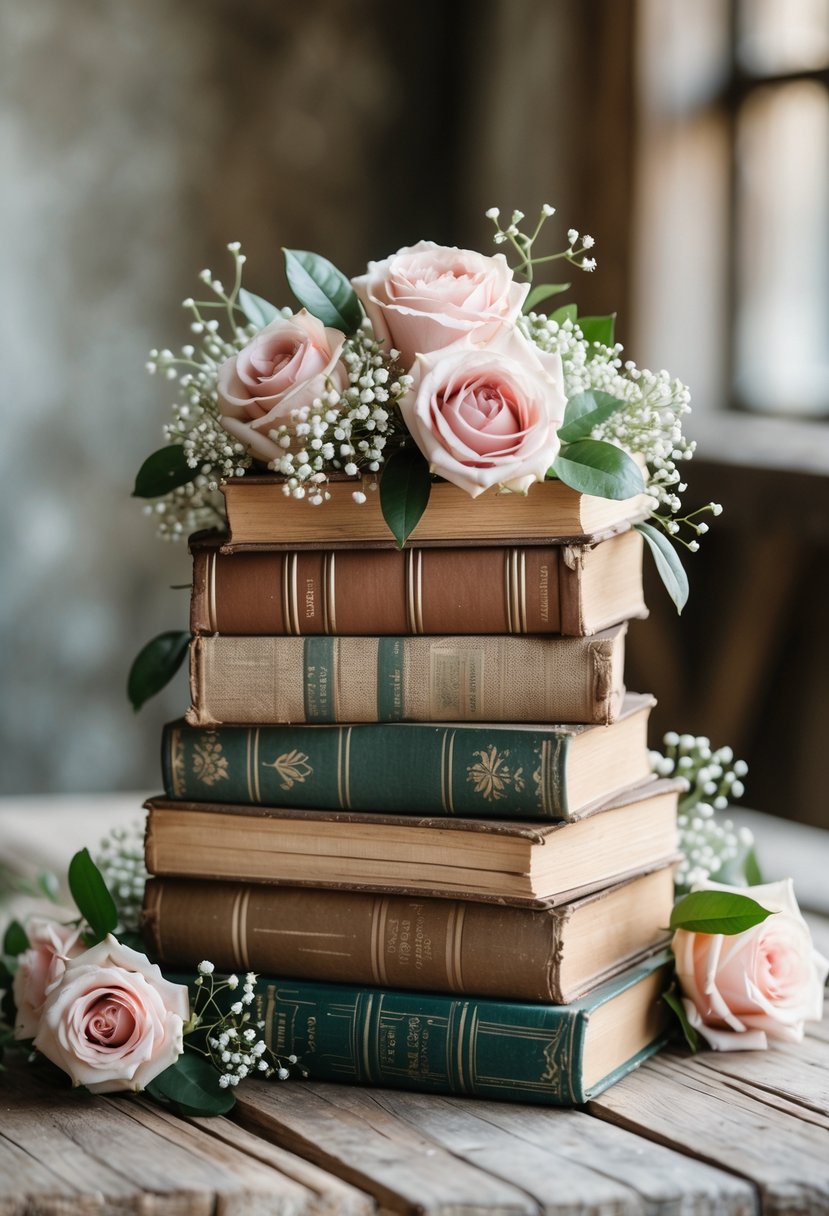 A stack of vintage books decorated with pink and white flowers on a wooden table.