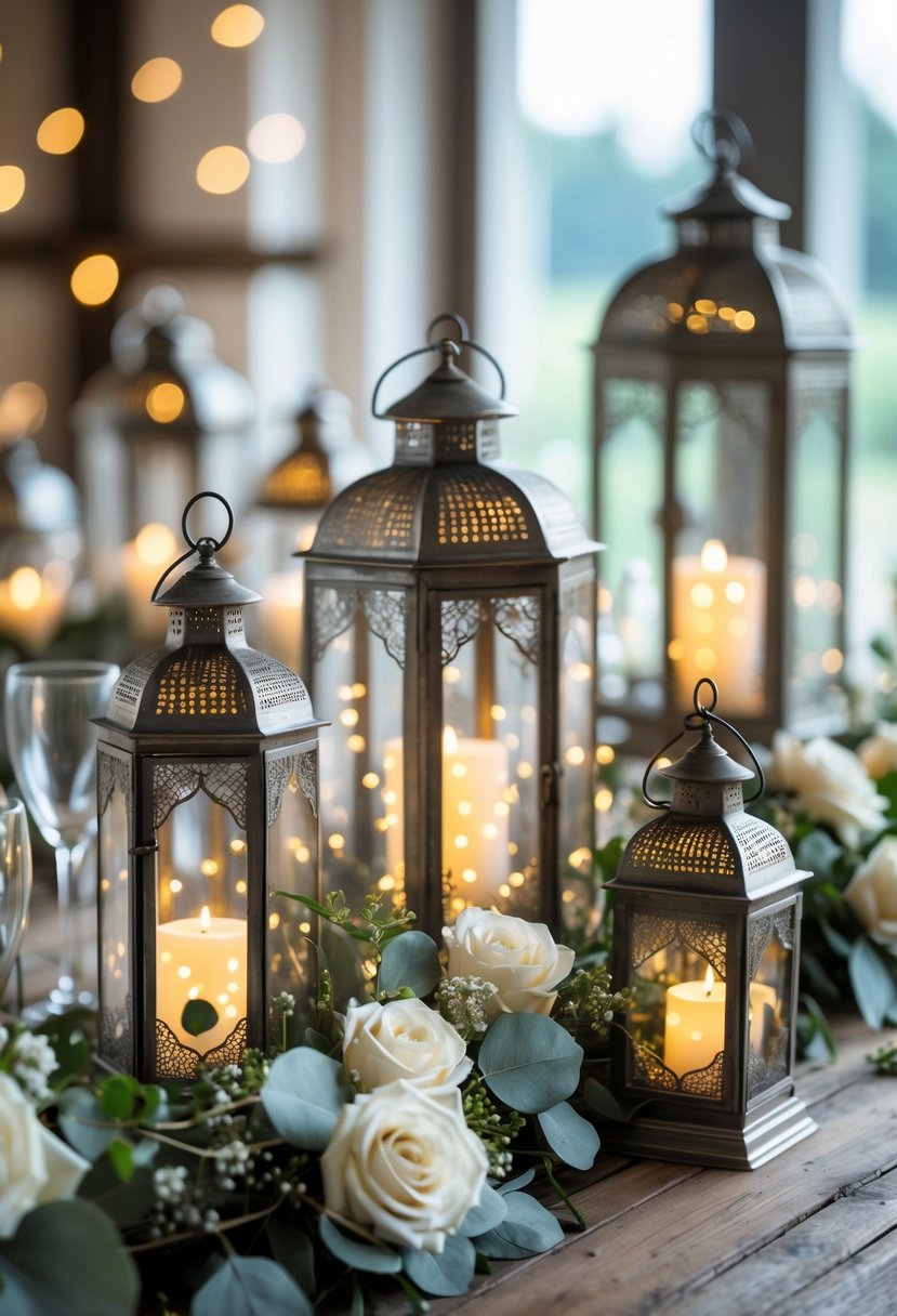 A group of metal lanterns with glowing fairy lights inside, arranged on a wooden table with flowers.